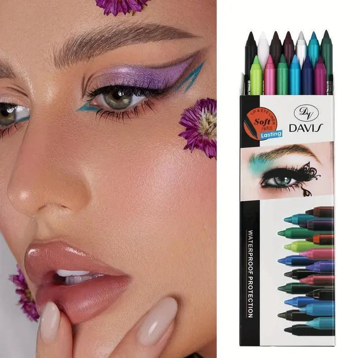 Zestaw 12 brokatowych eyelinerów, błyszczących i wodoodpornych