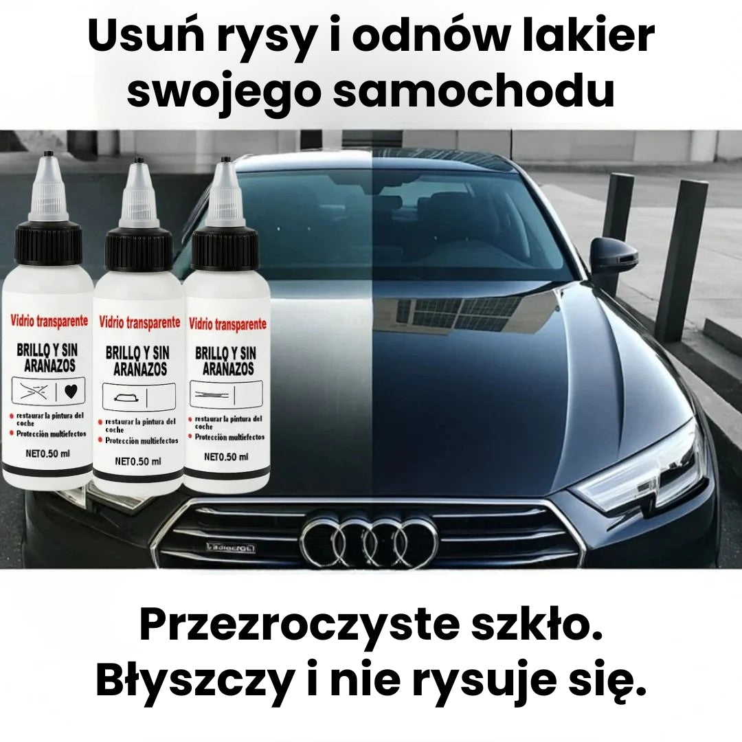 Szkło przezroczyste, odporne na zarysowania i błyszczące (1 x butelka 50 ml + gąbka + ściereczka z mikrofibry)